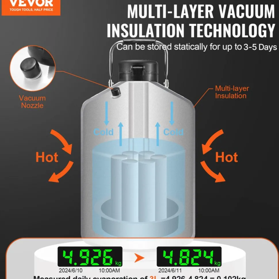 VEVOR Liquid Nitrogen Tank, 3 L Aluminum Alloy Liquid Nitrogen Container, LN2 Tank Dewar with 6 Canisters and Carry Bag with Straps, Cryogenic Tank for Beauty Industry, Semen Preservation, Scientific