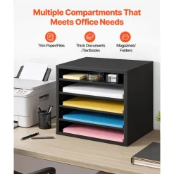 VEVOR Literature Organizer, 5 Compartments Office Mailbox with Adjustable Shelves, Wooden Mailbox Sorter with MDF, Countertop Office Home Classroom Storage Organizer for File, Document, Paper, Black