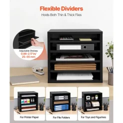VEVOR Literature Organizer, 5 Compartments Office Mailbox with Adjustable Shelves, Wooden Mailbox Sorter with MDF, Countertop Office Home Classroom Storage Organizer for File, Document, Paper, Black