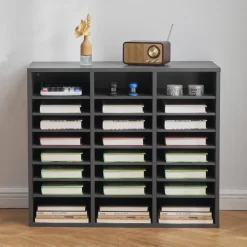 VEVOR Literature Organizer, 24 Compartments Office Mailbox with Adjustable Shelves, Wooden Mailbox Sorter Medium Density Fiberboard Office Home Classroom Storage for Files, Documents, Papers, Grey