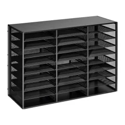 VEVOR Literature Organizer, 27 Compartments Metal Office Mailbox with Detachable Wire Mesh, Mailbox Sorter with Wooden Top, Countertop Office Home Storage Organizer for File, Document, Paper, Black