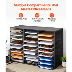 VEVOR Literature Organizer, 27 Compartments Metal Office Mailbox with Detachable Wire Mesh, Mailbox Sorter with Wooden Top, Countertop Office Home Storage Organizer for File, Document, Paper, Black