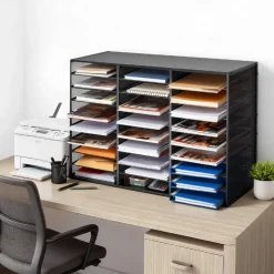 VEVOR Literature Organizer, 27 Compartments Metal Office Mailbox with Detachable Wire Mesh, Mailbox Sorter with Wooden Top, Countertop Office Home Storage Organizer for File, Document, Paper, Black