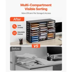 VEVOR Literature Organizer, 27 Compartments Metal Office Mailbox with Detachable Wire Mesh, Mailbox Sorter with Wooden Top, Countertop Office Home Storage Organizer for File, Document, Paper, Black