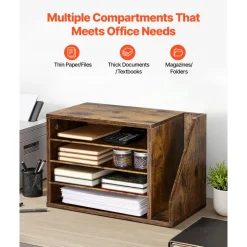 VEVOR Literature Organizer, 4 Compartments Office Mailbox with Detachable Shelves, Wooden Mailbox Sorter with Side Vertical Storage, Countertop Office Home Organizer for File, Document, Paper, Brown