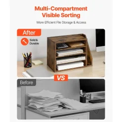VEVOR Literature Organizer, 4 Compartments Office Mailbox with Detachable Shelves, Wooden Mailbox Sorter with Side Vertical Storage, Countertop Office Home Organizer for File, Document, Paper, Brown
