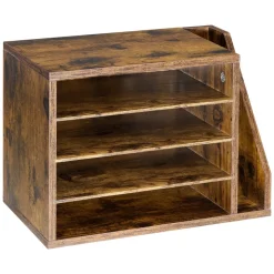 VEVOR Literature Organizer, 4 Compartments Office Mailbox with Detachable Shelves, Wooden Mailbox Sorter with Side Vertical Storage, Countertop Office Home Organizer for File, Document, Paper, Brown