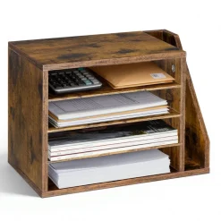VEVOR Literature Organizer, 4 Compartments Office Mailbox with Detachable Shelves, Wooden Mailbox Sorter with Side Vertical Storage, Countertop Office Home Organizer for File, Document, Paper, Brown