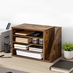 VEVOR Literature Organizer, 4 Compartments Office Mailbox with Detachable Shelves, Wooden Mailbox Sorter with Side Vertical Storage, Countertop Office Home Organizer for File, Document, Paper, Brown