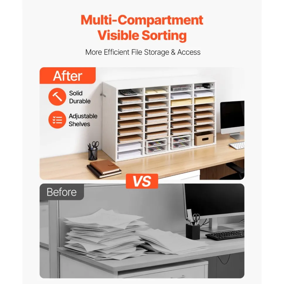 VEVOR Literature Organizer, 36 Compartments Office Mailbox with Detachable Shelves, Wooden Mailbox Sorter with Particle Board, Countertop Office Home Storage Organizer for File, Document, Paper, White