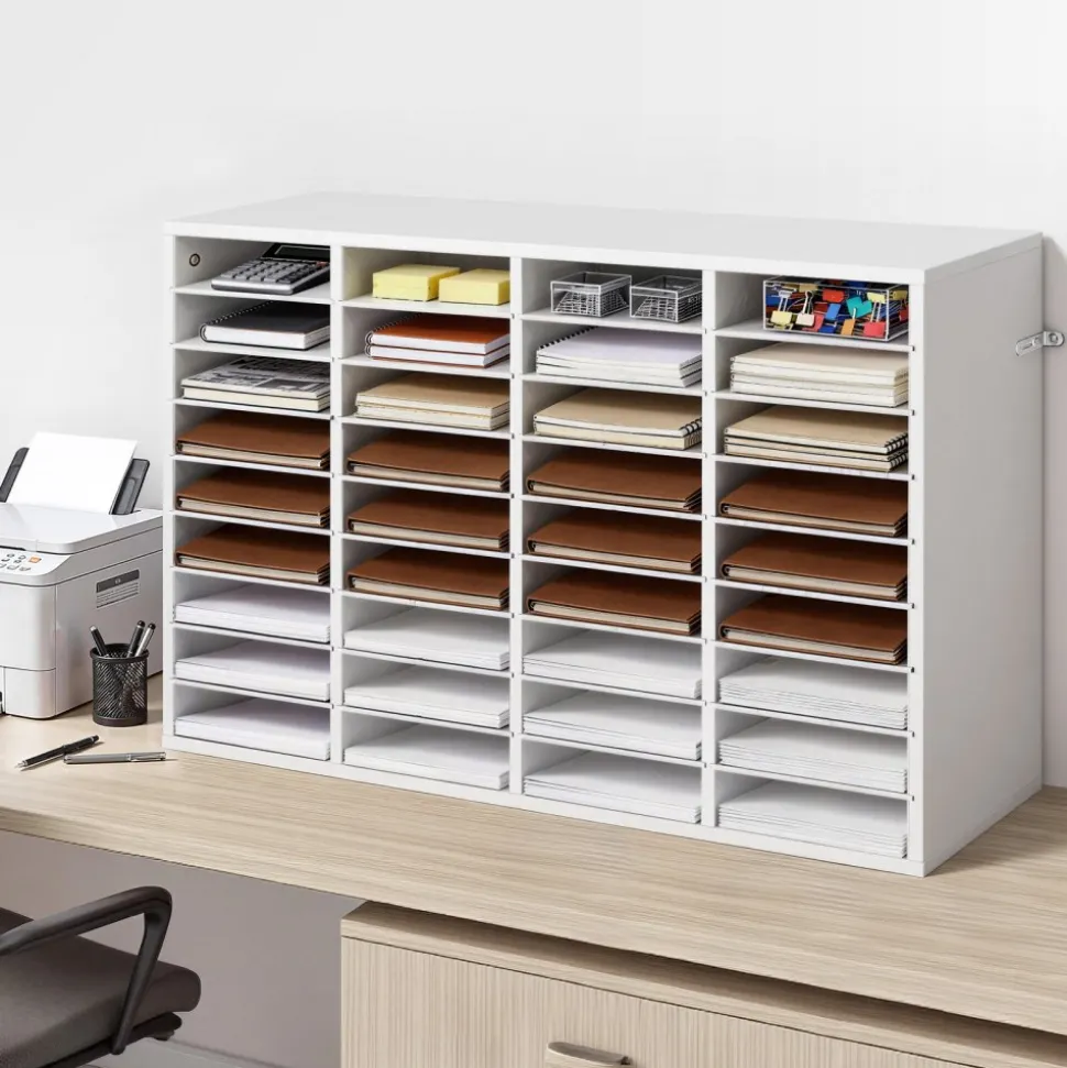 VEVOR Literature Organizer, 36 Compartments Office Mailbox with Detachable Shelves, Wooden Mailbox Sorter with Particle Board, Countertop Office Home Storage Organizer for File, Document, Paper, White
