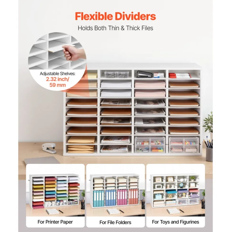 VEVOR Literature Organizer, 36 Compartments Office Mailbox with Detachable Shelves, Wooden Mailbox Sorter with Particle Board, Countertop Office Home Storage Organizer for File, Document, Paper, White