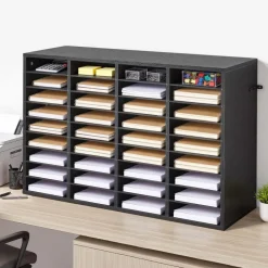 VEVOR Literature Organizer, 36 Compartments Office Mailbox with Detachable Shelves, Wooden Mailbox Sorter with Particle Board, Countertop Office Home Storage Organizer for File, Document, Paper, Black