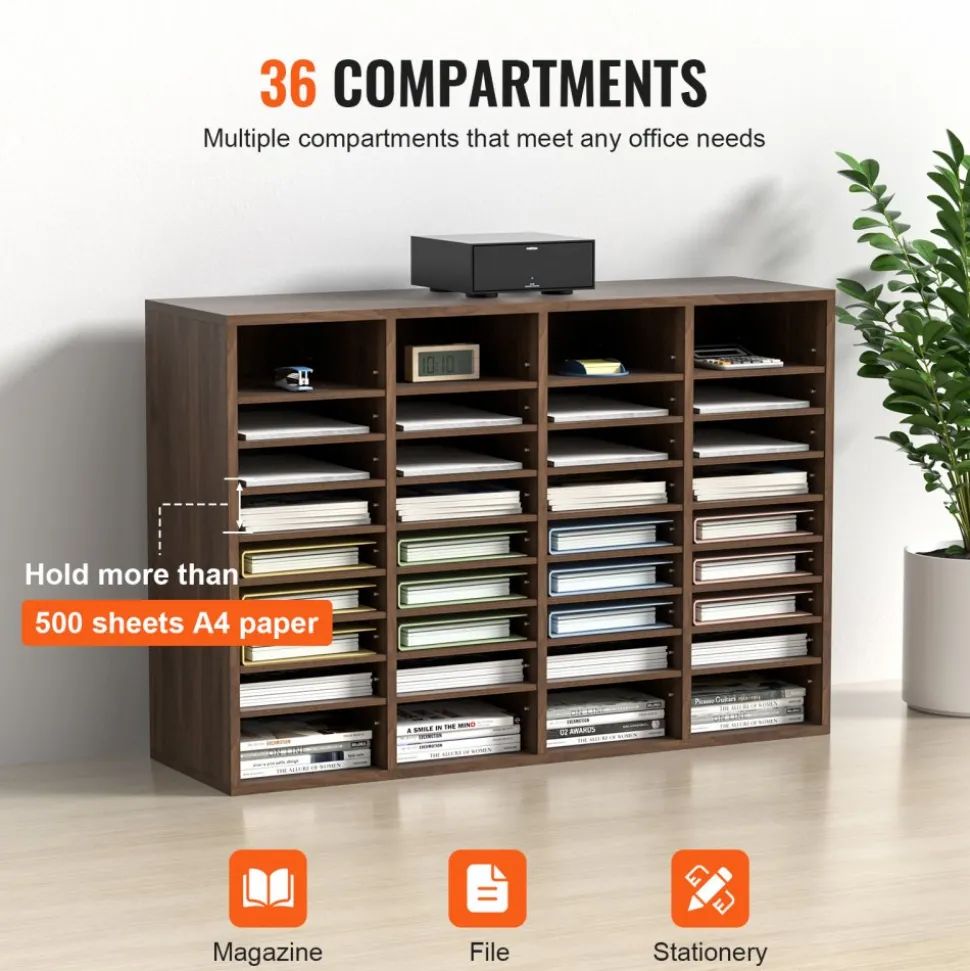 VEVOR Literature Organizers, 36 Compartments Office Mailbox with Adjustable Shelves, Wood Literature Sorter 39.3x12x26.8 inches for Office, Home, Classroom, Mailrooms Organization, EPA Certified Brown
