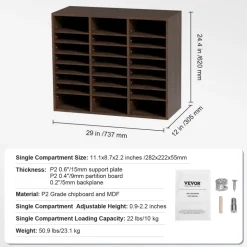 VEVOR Literature Organizers, 24 Compartments Office Mailbox with Adjustable Shelves, Wood Literature Sorter 29x12x24.4 inches for Office, Home, Classroom, Mailrooms Organization, EPA Certified, Brown