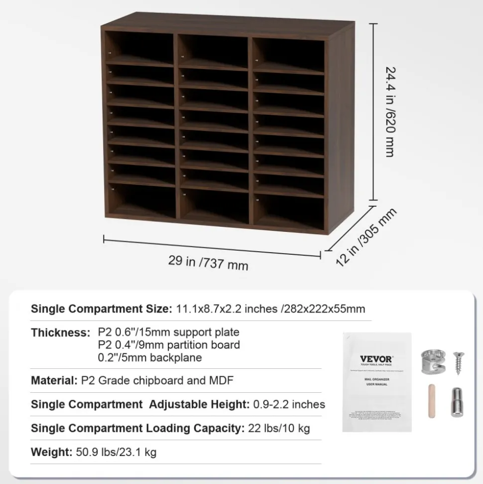 VEVOR Literature Organizers, 24 Compartments Office Mailbox with Adjustable Shelves, Wood Literature Sorter 29x12x24.4 inches for Office, Home, Classroom, Mailrooms Organization, EPA Certified, Brown