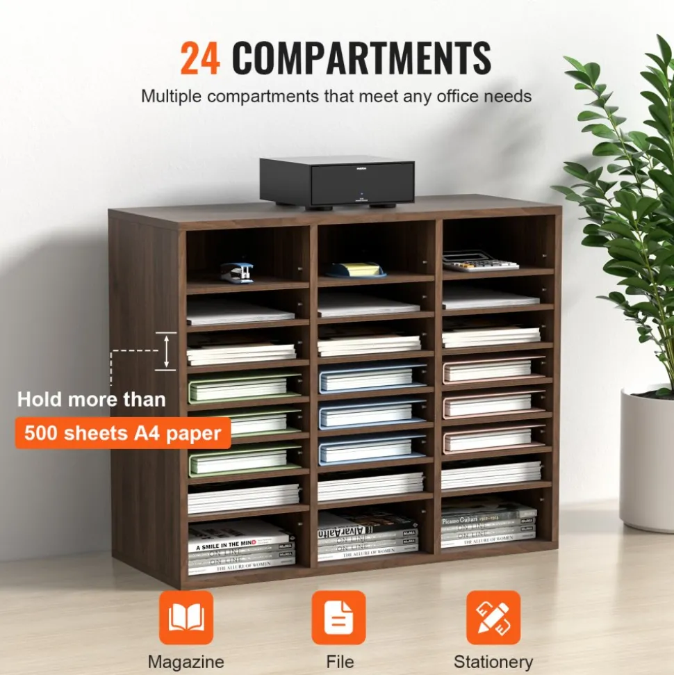 VEVOR Literature Organizers, 24 Compartments Office Mailbox with Adjustable Shelves, Wood Literature Sorter 29x12x24.4 inches for Office, Home, Classroom, Mailrooms Organization, EPA Certified, Brown