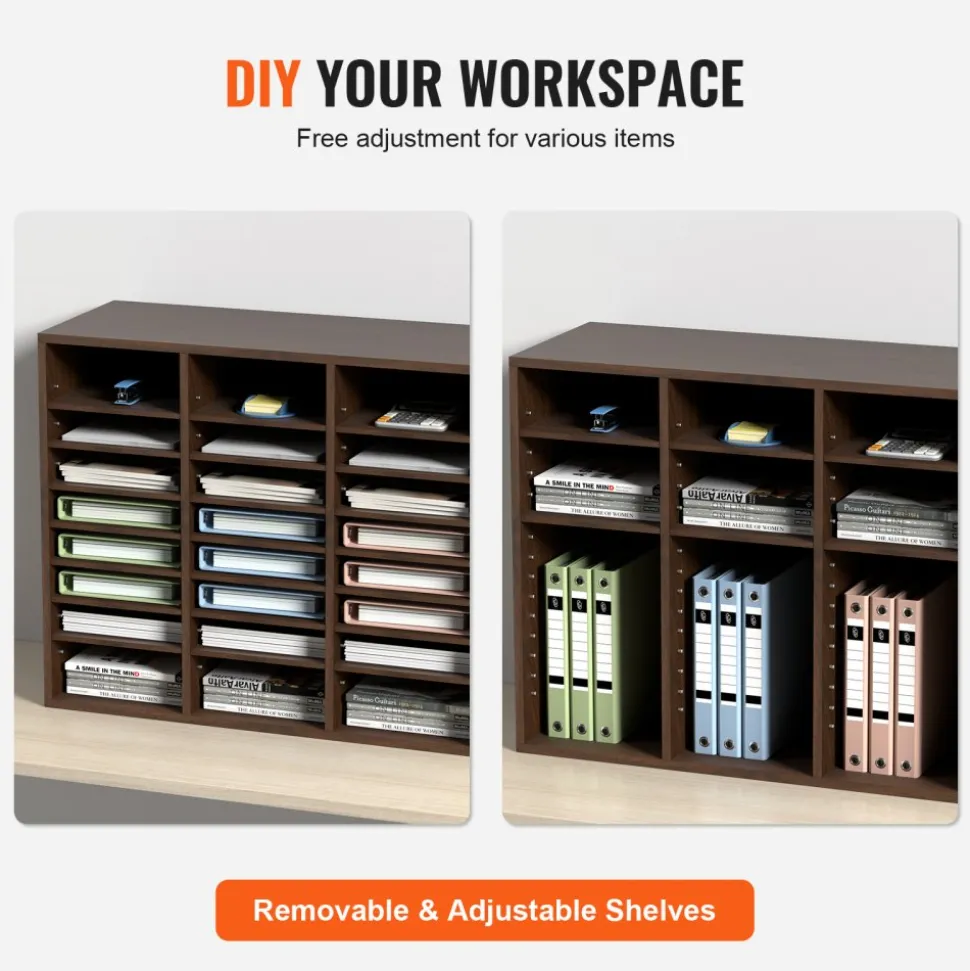 VEVOR Literature Organizers, 24 Compartments Office Mailbox with Adjustable Shelves, Wood Literature Sorter 29x12x24.4 inches for Office, Home, Classroom, Mailrooms Organization, EPA Certified, Brown
