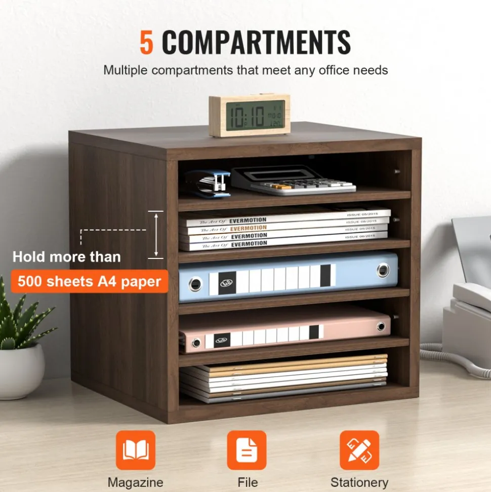 VEVOR Literature Organizers, 5 Compartments Office Mailbox with Adjustable Shelves, Wood literature sorter 13.9x12x13 inches for Office, Home, Classroom, Mailrooms Organization, EPA Certified, Brown