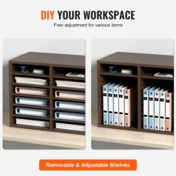 VEVOR Literature Organizers, 12 Compartments Office Mailbox with Adjustable Shelves, Wood Literature Sorter 20.4x12x16.1 inches for Office, Home, Classroom, Mailrooms Organization, EPA Certified Brown