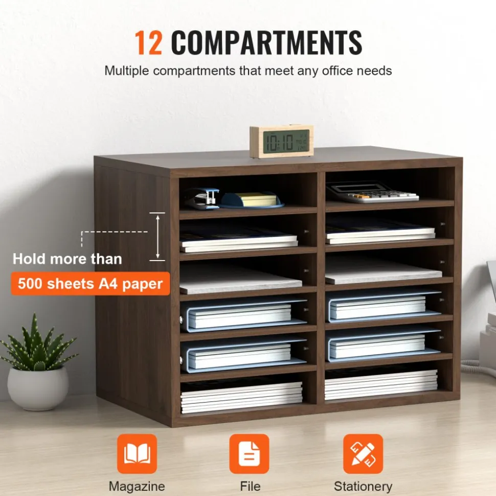 VEVOR Literature Organizers, 12 Compartments Office Mailbox with Adjustable Shelves, Wood Literature Sorter 20.4x12x16.1 inches for Office, Home, Classroom, Mailrooms Organization, EPA Certified Brown