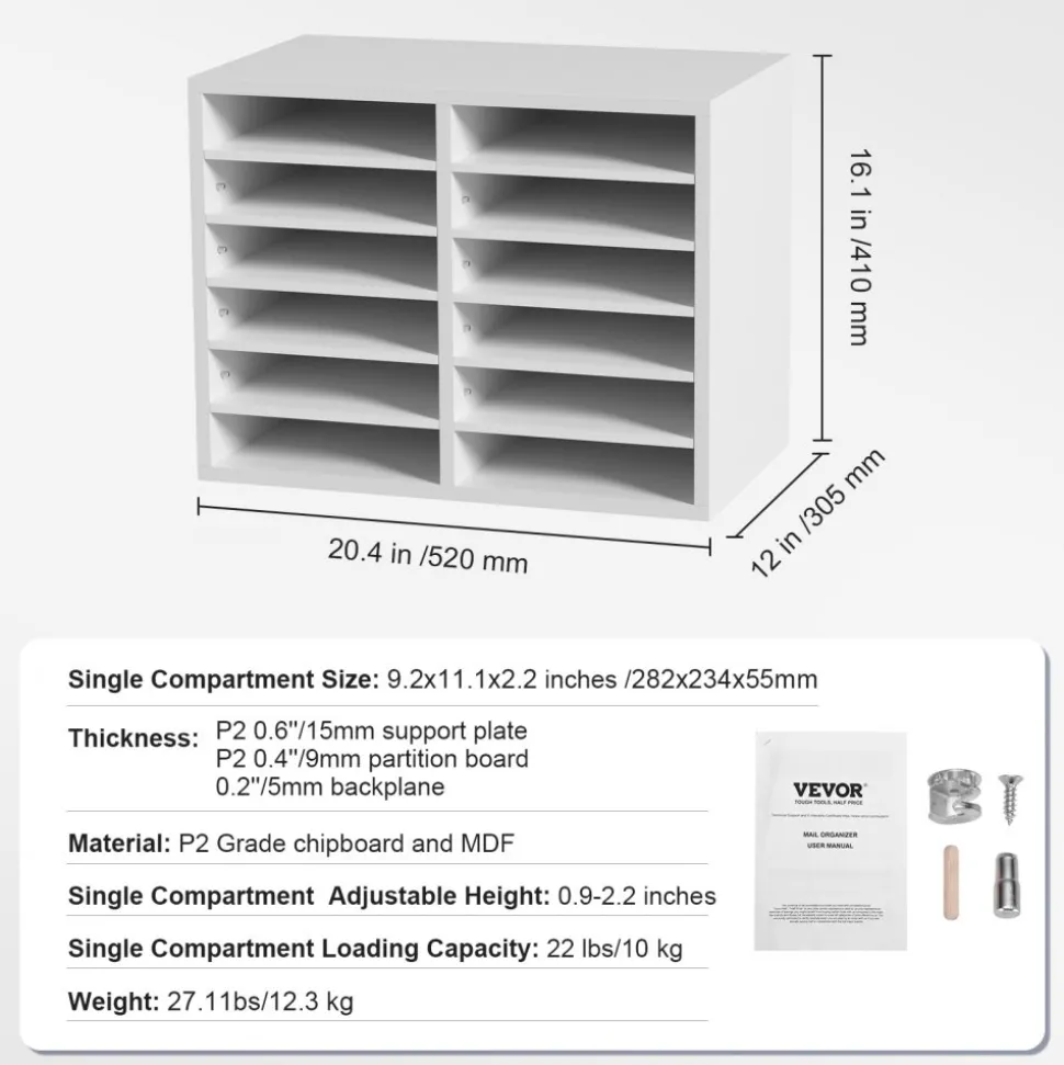 VEVOR Literature Organizers, 12 Compartments Office Mailbox with Adjustable Shelves, Wood Literature Sorter 20.4x12x16.1 inches for Office, Home, Classroom, Mailrooms Organization, EPA Certified White