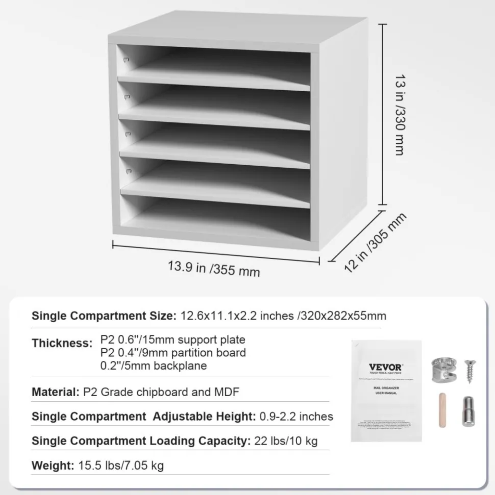 VEVOR Literature Organizers, 5 Compartments Office Mailbox with Adjustable Shelves, Wood Literature Sorter 13.9x12x13 inches for Office, Home, Classroom, Mailrooms Organization, EPA Certified, White