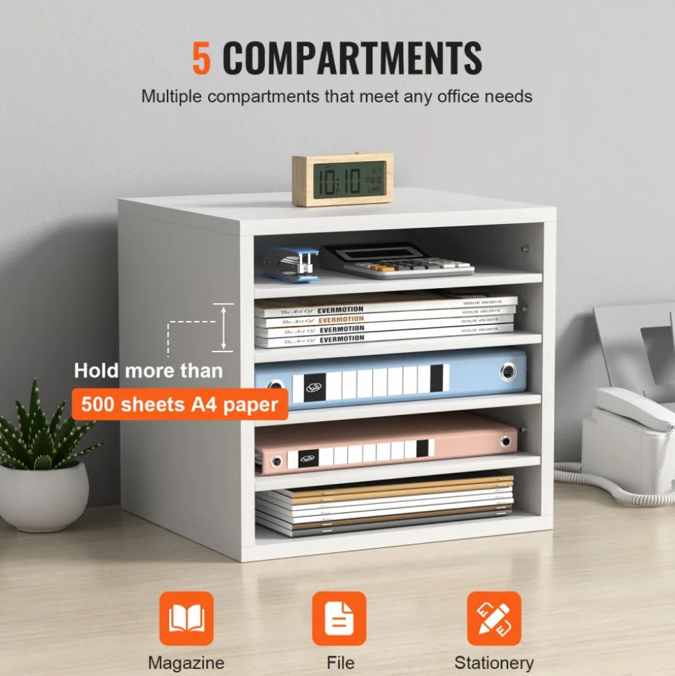 VEVOR Literature Organizers, 5 Compartments Office Mailbox with Adjustable Shelves, Wood Literature Sorter 13.9x12x13 inches for Office, Home, Classroom, Mailrooms Organization, EPA Certified, White