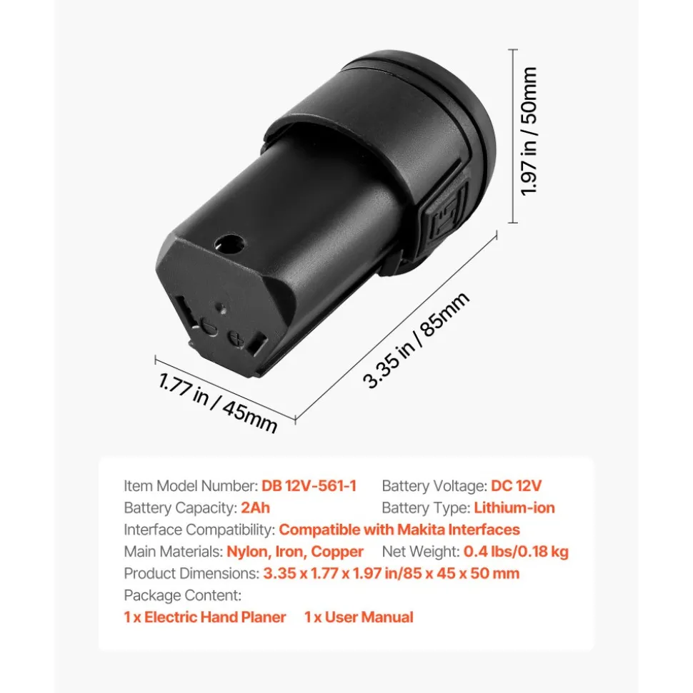 VEVOR Lithium-Ion Battery, 12V 2Ah, Portable Lithium Battery Pack Replacement, with Universal Adapter, Easy to Carry, Compatible with Makita Interfaces, VEVOR Cordless Electric Hand Planer, 1-Pack
