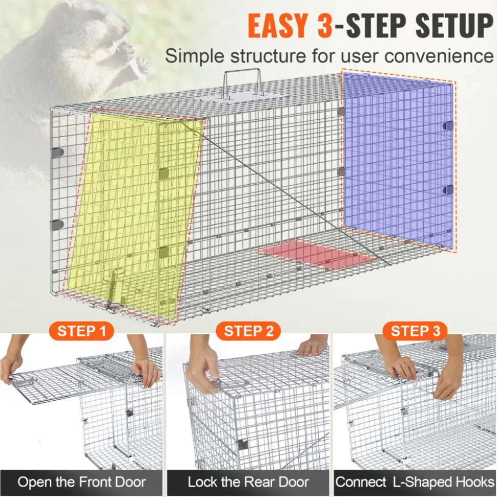 VEVOR Live Animal Cage Trap, 42" x 16" x 18" Humane Cat Trap Galvanized Iron, Folding Animal Trap with Handle for Stray Dogs, Armadillos, Raccoons, Marmots, Foxes