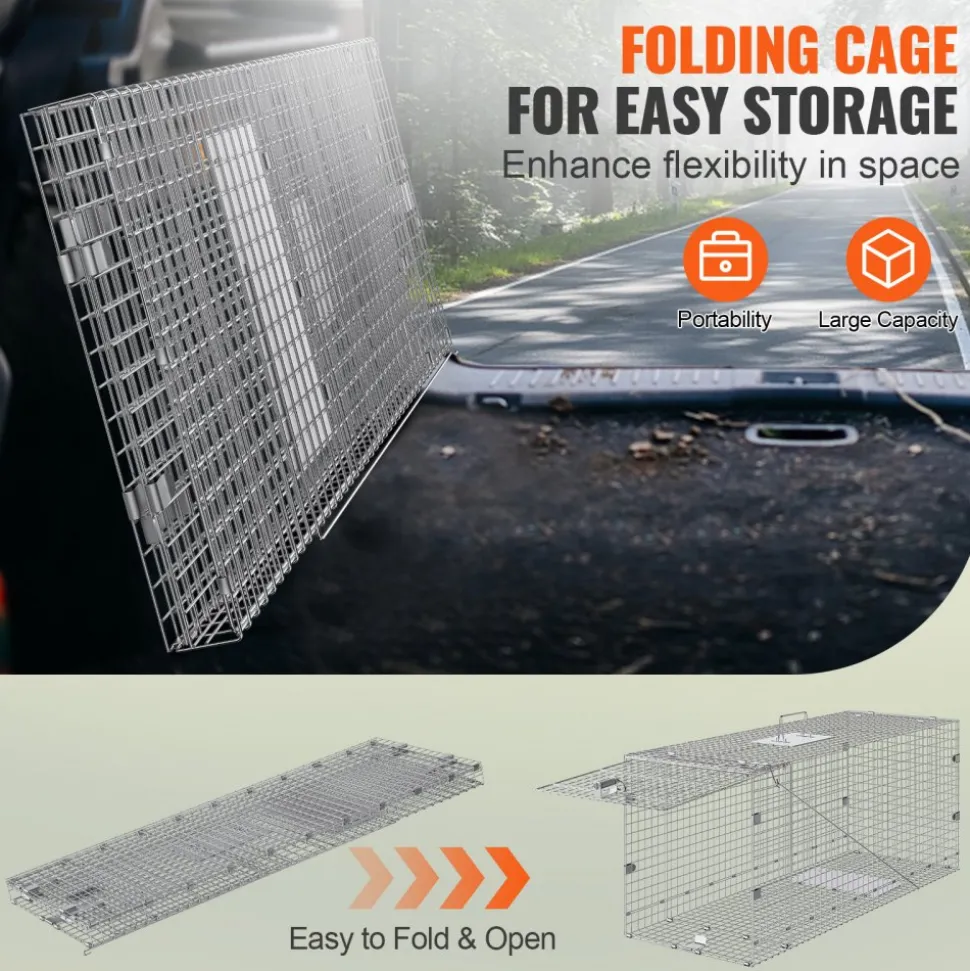 VEVOR Live Animal Cage Trap, 42" x 16" x 18" Humane Cat Trap Galvanized Iron, Folding Animal Trap with Handle for Stray Dogs, Armadillos, Raccoons, Marmots, Foxes