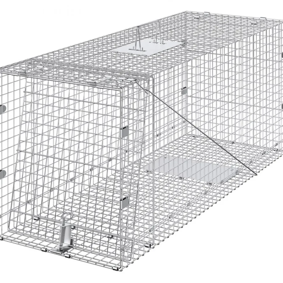 VEVOR Live Animal Cage Trap, 42" x 16" x 18" Humane Cat Trap Galvanized Iron, Folding Animal Trap with Handle for Stray Dogs, Armadillos, Raccoons, Marmots, Foxes