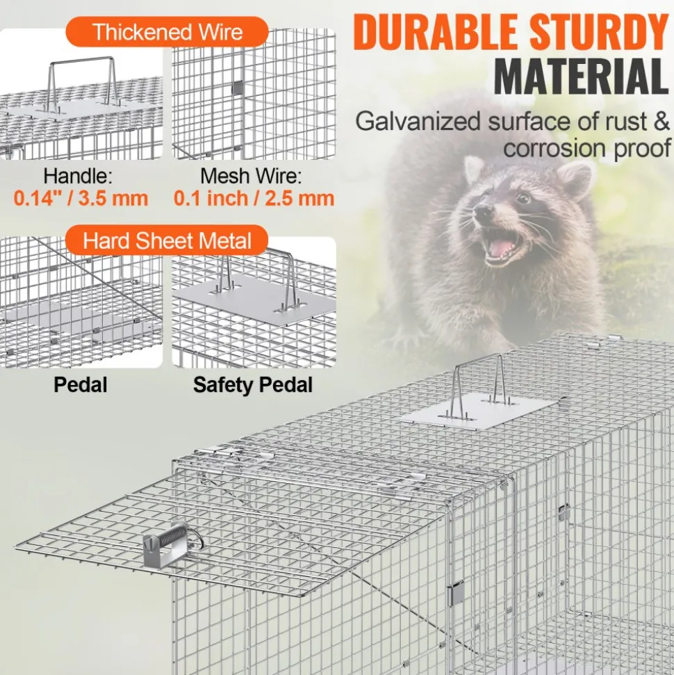 VEVOR Live Animal Cage Trap, 42" x 16" x 18" Humane Cat Trap Galvanized Iron, Folding Animal Trap with Handle for Stray Dogs, Armadillos, Raccoons, Marmots, Foxes