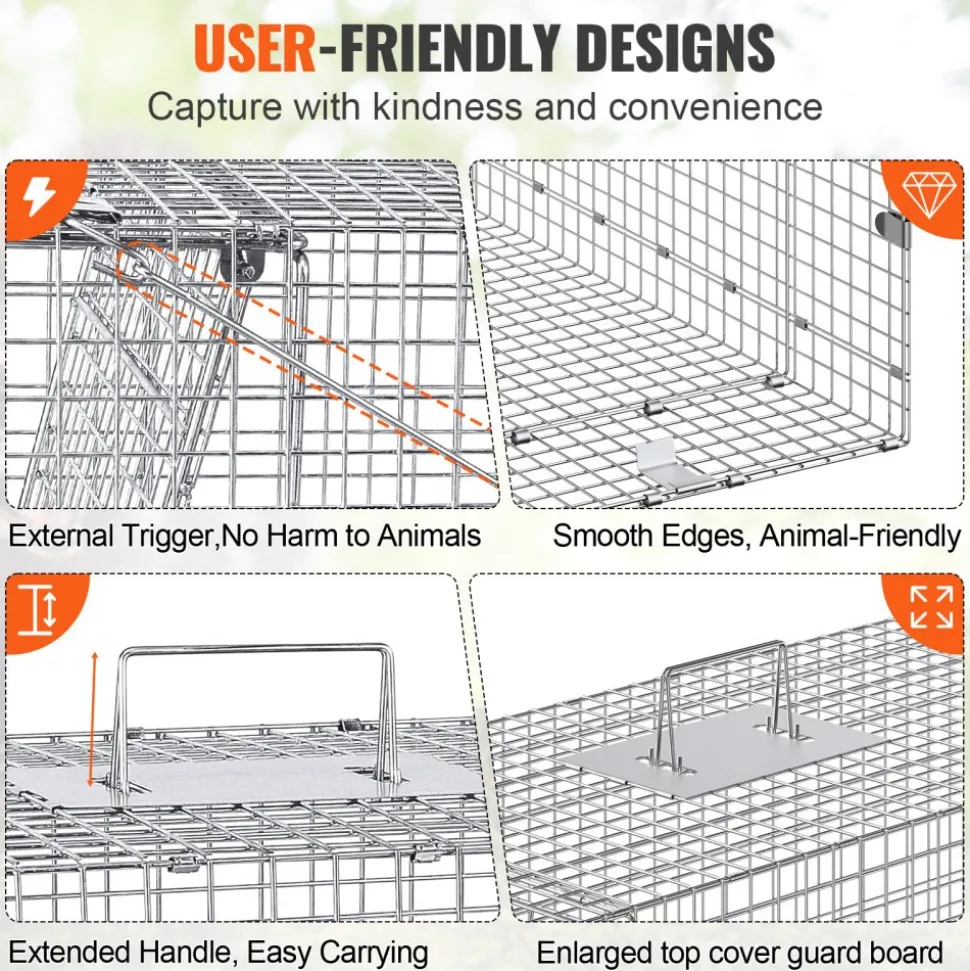 VEVOR Live Animal Cage Trap, 42" x 16" x 18" Humane Cat Trap Galvanized Iron, Folding Animal Trap with Handle for Stray Dogs, Armadillos, Raccoons, Marmots, Foxes