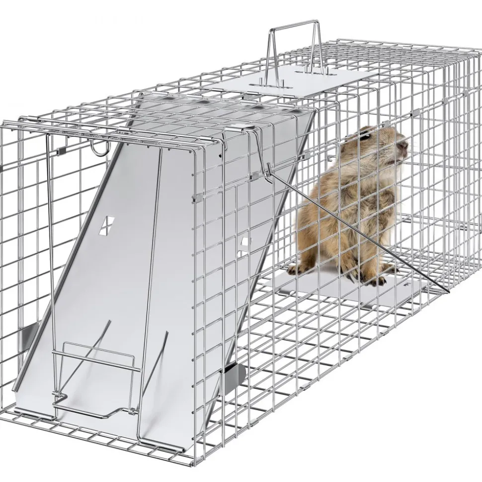 VEVOR Live Animal Cage Trap, 31" x 10" x 12" Humane Cat Trap Galvanized Iron, Folding Animal Trap with Handle for Rabbits, Stray Cats, Squirrels, Raccoons, Groundhogs and Opossums