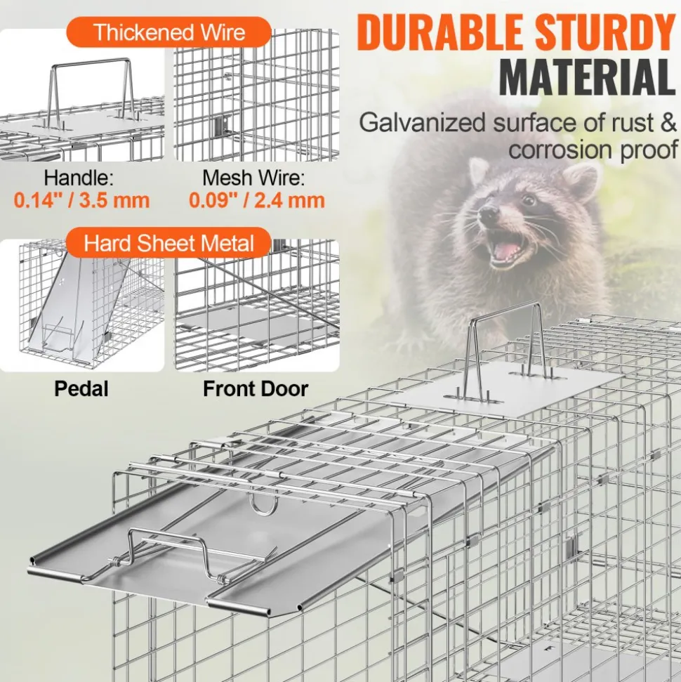 VEVOR Live Animal Cage Trap, 31" x 10" x 12" Humane Cat Trap Galvanized Iron, Folding Animal Trap with Handle for Rabbits, Stray Cats, Squirrels, Raccoons, Groundhogs and Opossums