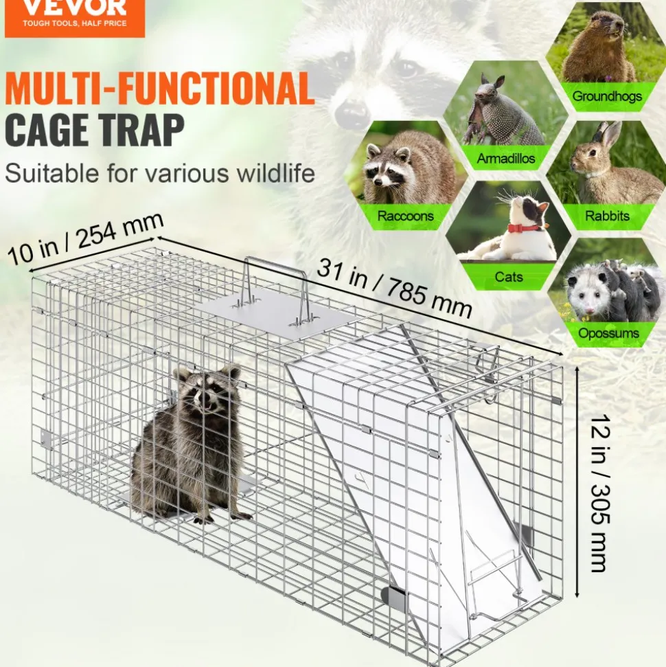 VEVOR Live Animal Cage Trap, 31" x 10" x 12" Humane Cat Trap Galvanized Iron, Folding Animal Trap with Handle for Rabbits, Stray Cats, Squirrels, Raccoons, Groundhogs and Opossums