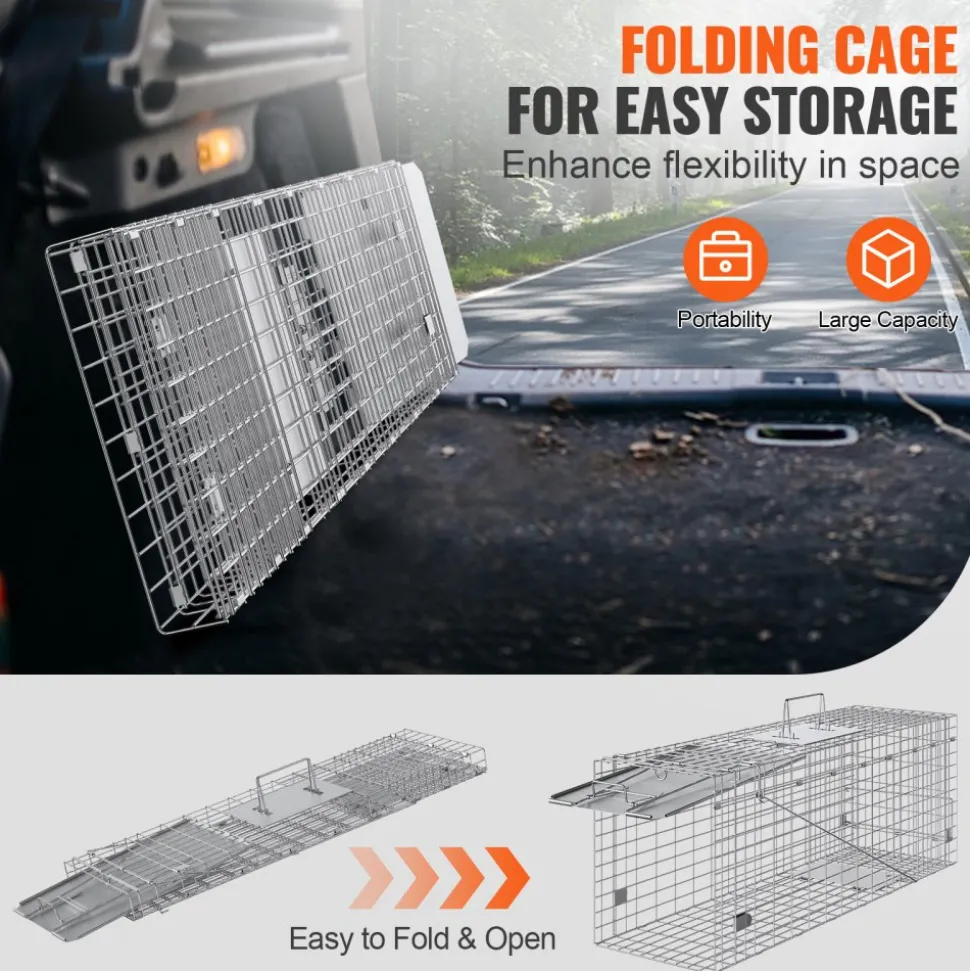 VEVOR Live Animal Cage Trap, 31" x 10" x 12" Humane Cat Trap Galvanized Iron, Folding Animal Trap with Handle for Rabbits, Stray Cats, Squirrels, Raccoons, Groundhogs and Opossums