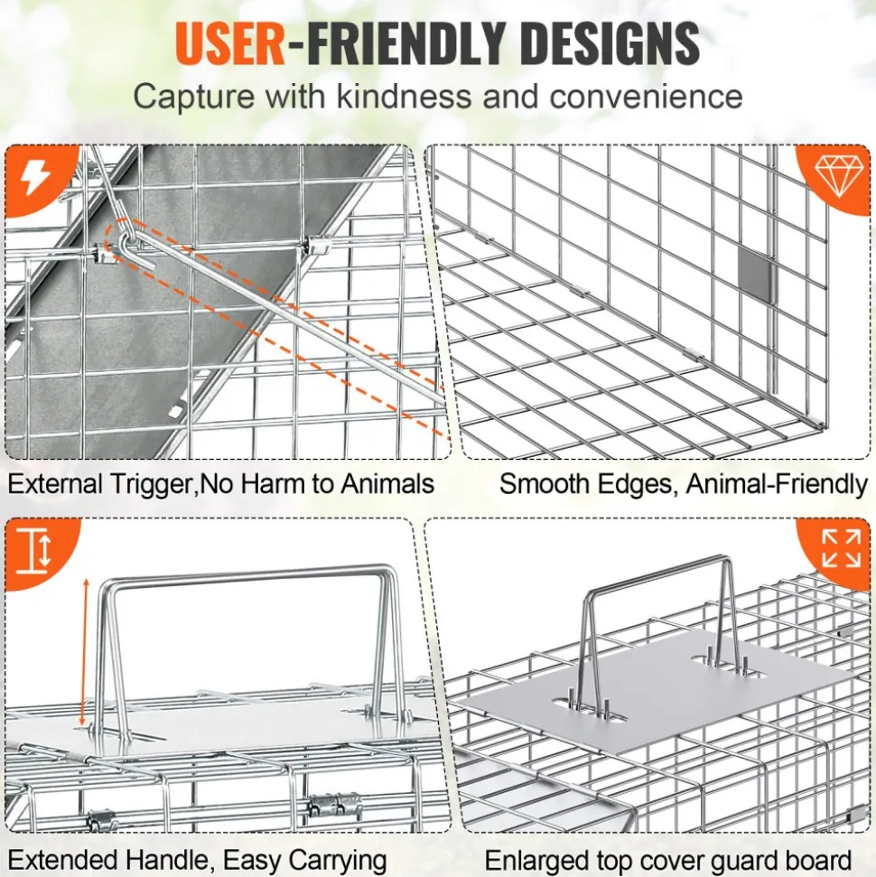 VEVOR Live Animal Cage Trap, 31" x 10" x 12" Humane Cat Trap Galvanized Iron, Folding Animal Trap with Handle for Rabbits, Stray Cats, Squirrels, Raccoons, Groundhogs and Opossums