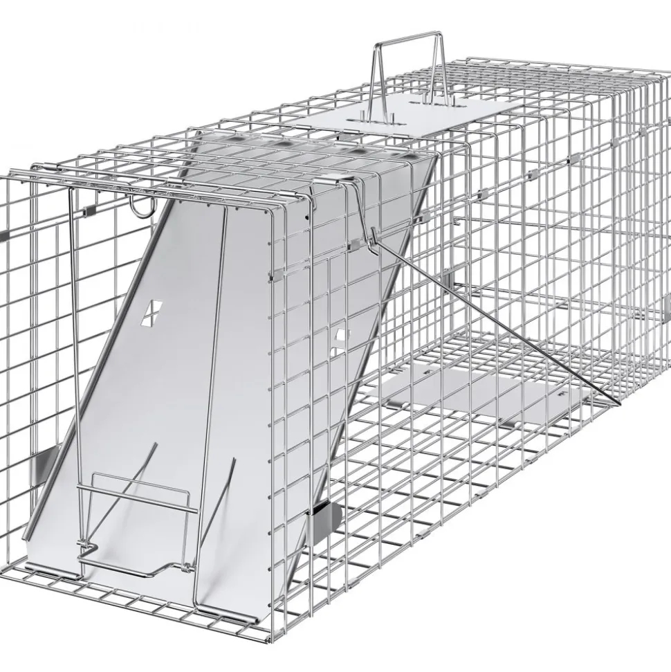 VEVOR Live Animal Cage Trap, 31" x 10" x 12" Humane Cat Trap Galvanized Iron, Folding Animal Trap with Handle for Rabbits, Stray Cats, Squirrels, Raccoons, Groundhogs and Opossums