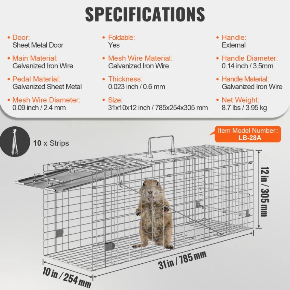VEVOR Live Animal Cage Trap, 31" x 10" x 12" Humane Cat Trap Galvanized Iron, Folding Animal Trap with Handle for Rabbits, Stray Cats, Squirrels, Raccoons, Groundhogs and Opossums