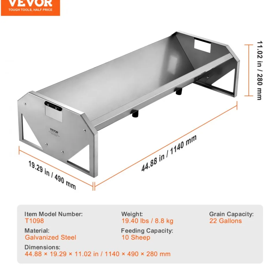 VEVOR Livestock Feeding Trough, 22 Gallon Capacity, 45" Hay Feeder, Heavy Duty Steel Livestock Trough, Galvanized Steel Sheep Feeder Trough Feeding up to 10 Goats for Horse Sheep Hog Farm Sheds Pen