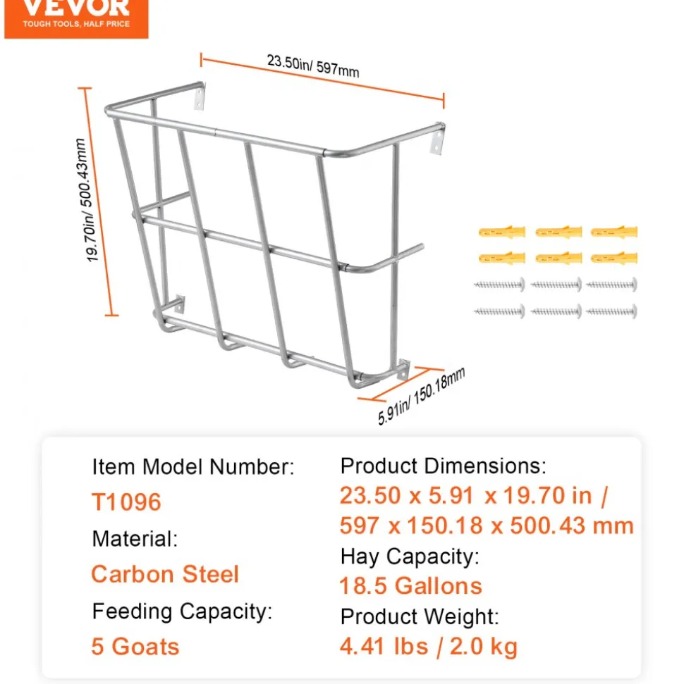 VEVOR Livestock Hay Feeder, 18.5 Gallons Large Capacity, Heavy-Duty Steel Goat Hay Rack, 24.4" Long Wall Mounted Horse Hay Holder, Multiple Sided Feeding Rack for Sheep Farm Livestock Indoor Outdoor