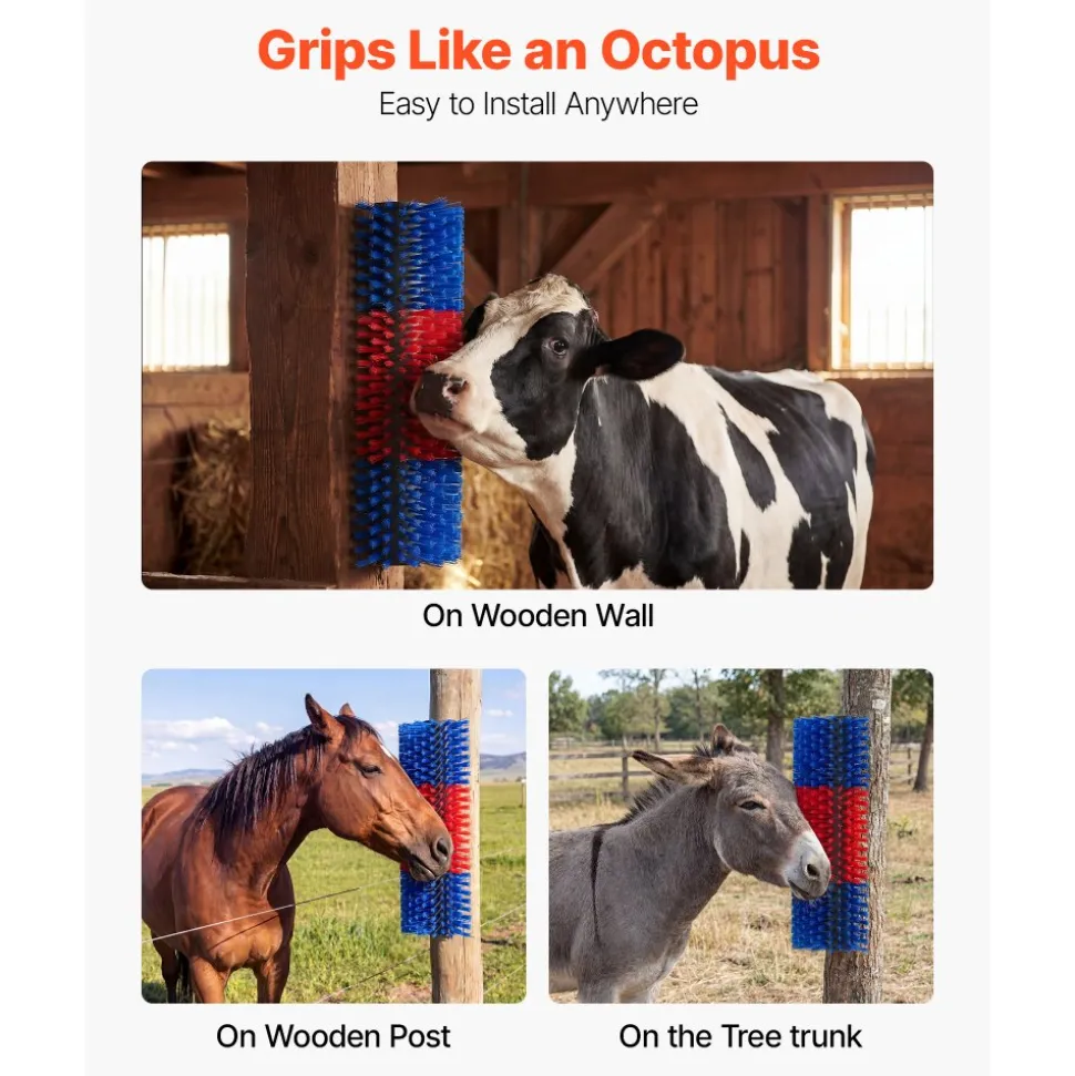 VEVOR Livestock Scratching Brush, 3PCS Goat Scratcher Brush Post with 12 Screws, 16.9" x 7.5" Cow Scratcher for Back Itch Relief, Massage Grooming Scratch Tool for Horse Cattle Sheep Pig, Blue & Red