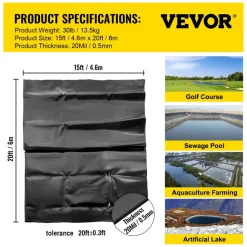 VEVOR LLDPE Pond Liner 15x20 ft, Pond Liner 20 Mil, Fish Pond Liners for Waterfall, Pond and Fish Ponds