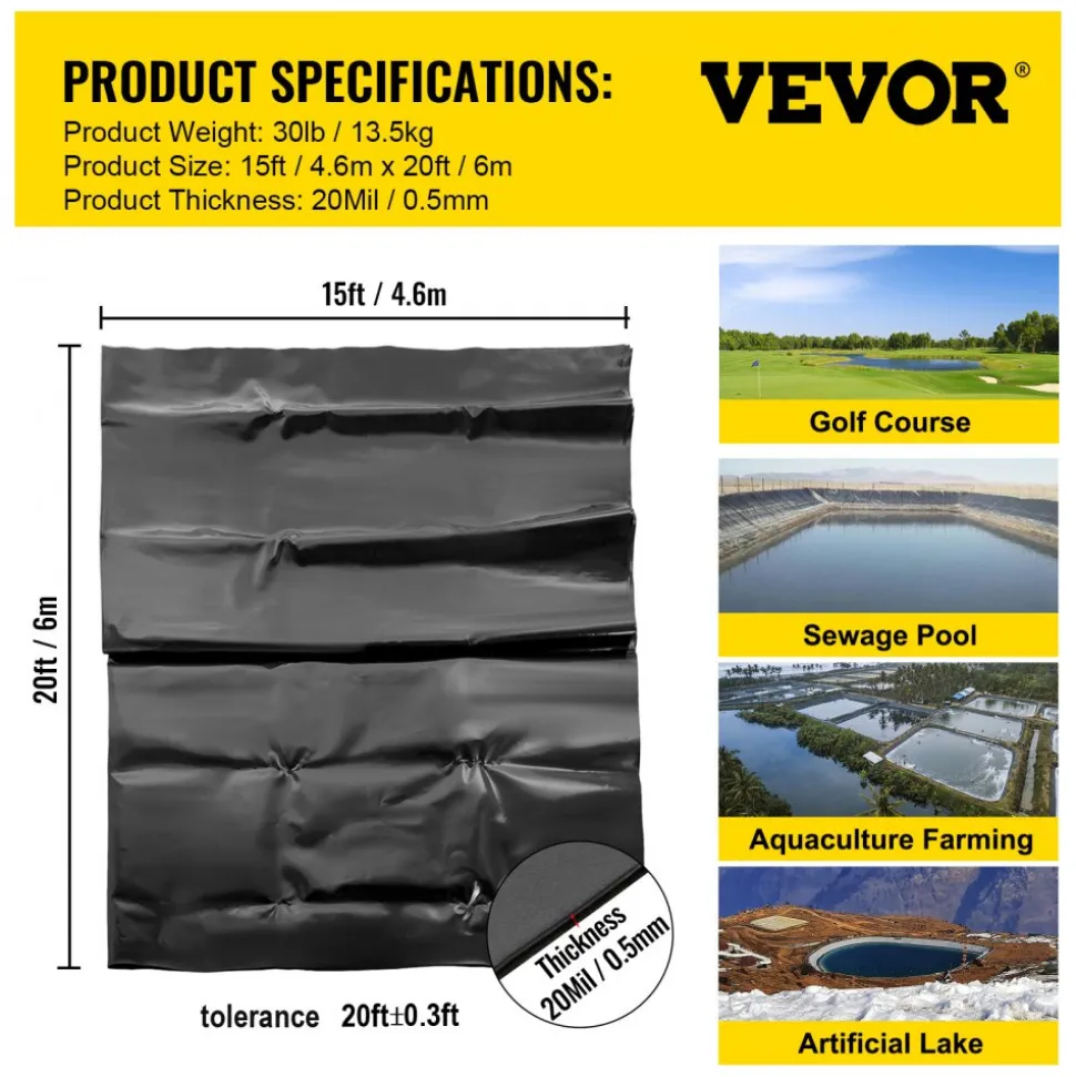 VEVOR LLDPE Pond Liner 15x20 ft, Pond Liner 20 Mil, Fish Pond Liners for Waterfall, Pond and Fish Ponds