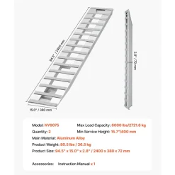 VEVOR Loading Ramps, 2 Pcs 94 x 15 in, Durable Aluminum and Heavy-Duty Trailer Ramp Set with 16 Anti-Slip Plates, 6000 Lbs Combined Capacity, for Carts, Farm Tractors, ATVs, Lawn Mowers, Motorcycles
