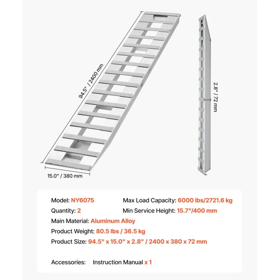 VEVOR Loading Ramps, 2 Pcs 94 x 15 in, Durable Aluminum and Heavy-Duty Trailer Ramp Set with 16 Anti-Slip Plates, 6000 Lbs Combined Capacity, for Carts, Farm Tractors, ATVs, Lawn Mowers, Motorcycles