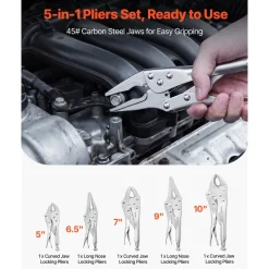 VEVOR Locking Pliers Set 5-Piece Pliers Tool Set Nickel-Plated Carbon Steel, Hand Tools for DIY & Home Use, 5