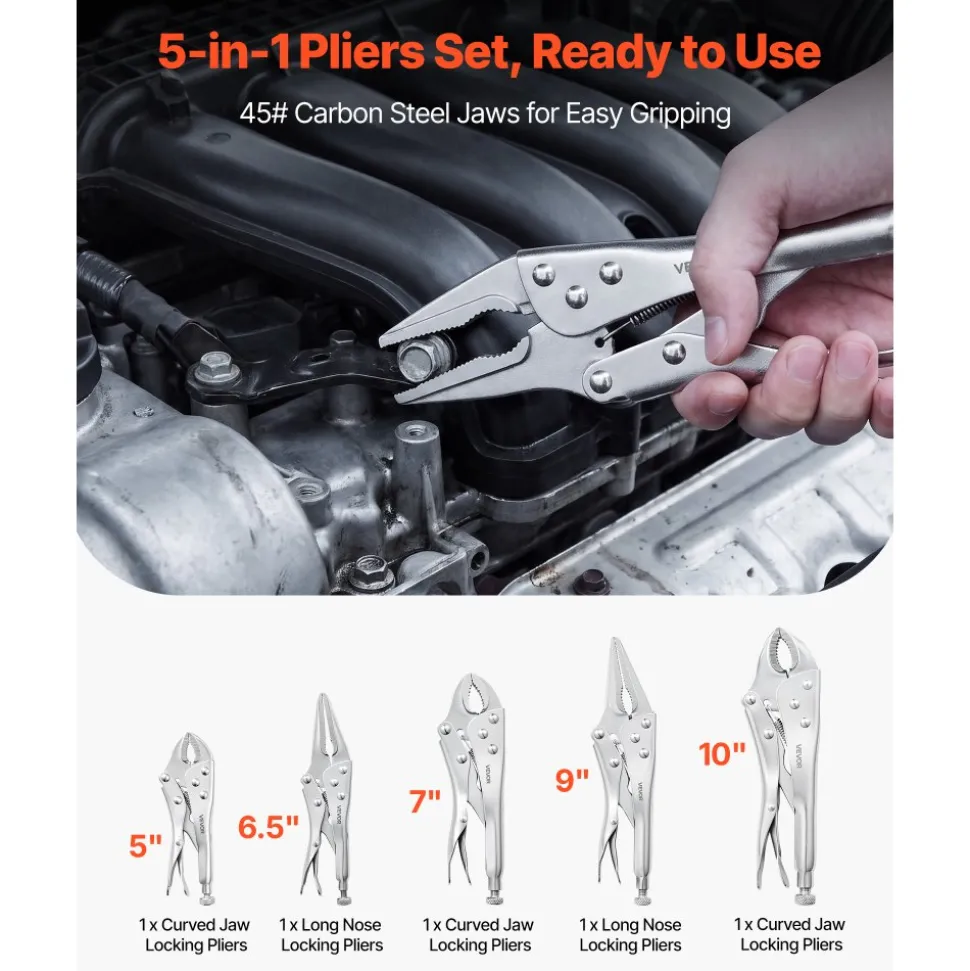 VEVOR Locking Pliers Set 5-Piece Pliers Tool Set Nickel-Plated Carbon Steel, Hand Tools for DIY & Home Use, 5"/7"/10" Curved Jaw, 6.5"/9" Long Nose, Ergonomic Non-Slip Handles, Adjustable Jaw Opening
